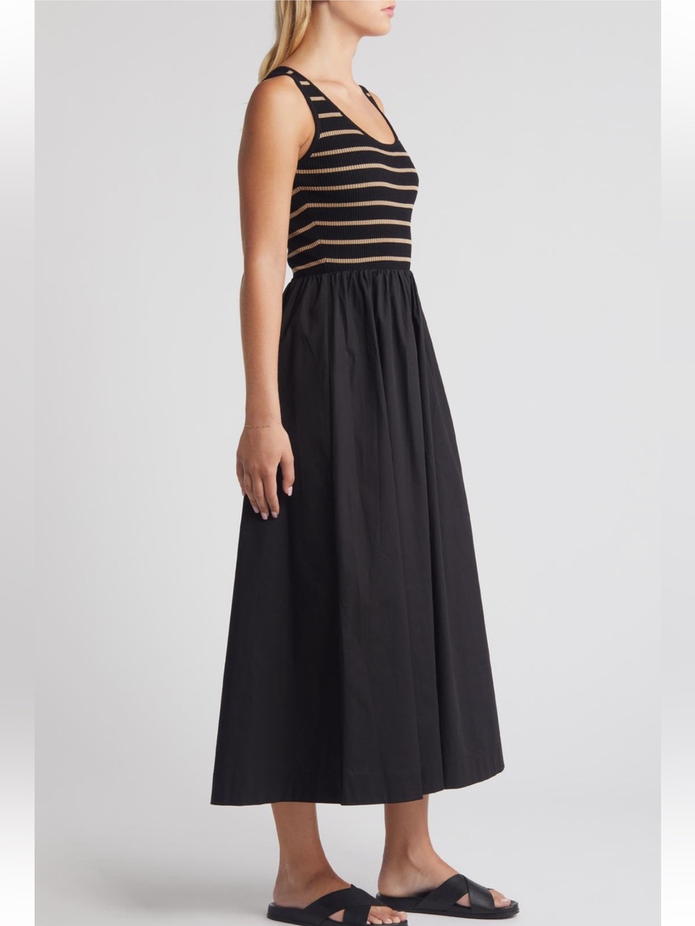 Moon River Stripe Bodice Mixed Media Midi Dress Black/ Tan Color Size Small - Picture 13 of 13